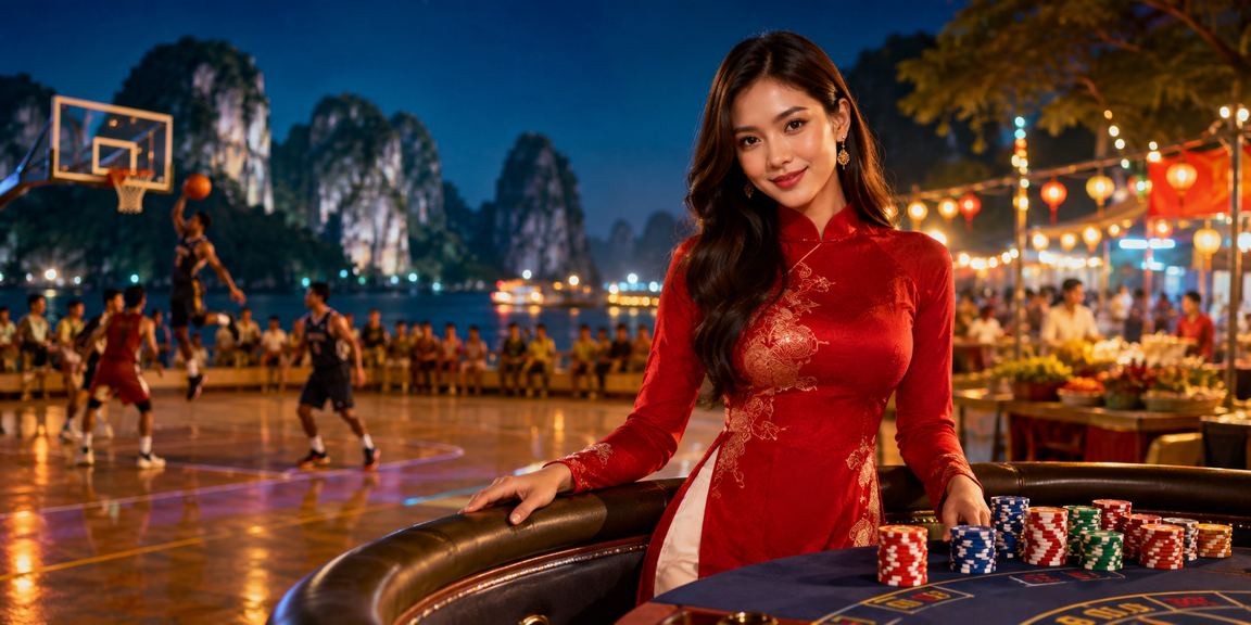 Người dùng tại vịnh Hạ Long xem kết quả cá cược bóng rổ và kiểm tra ưu đãi bonus
