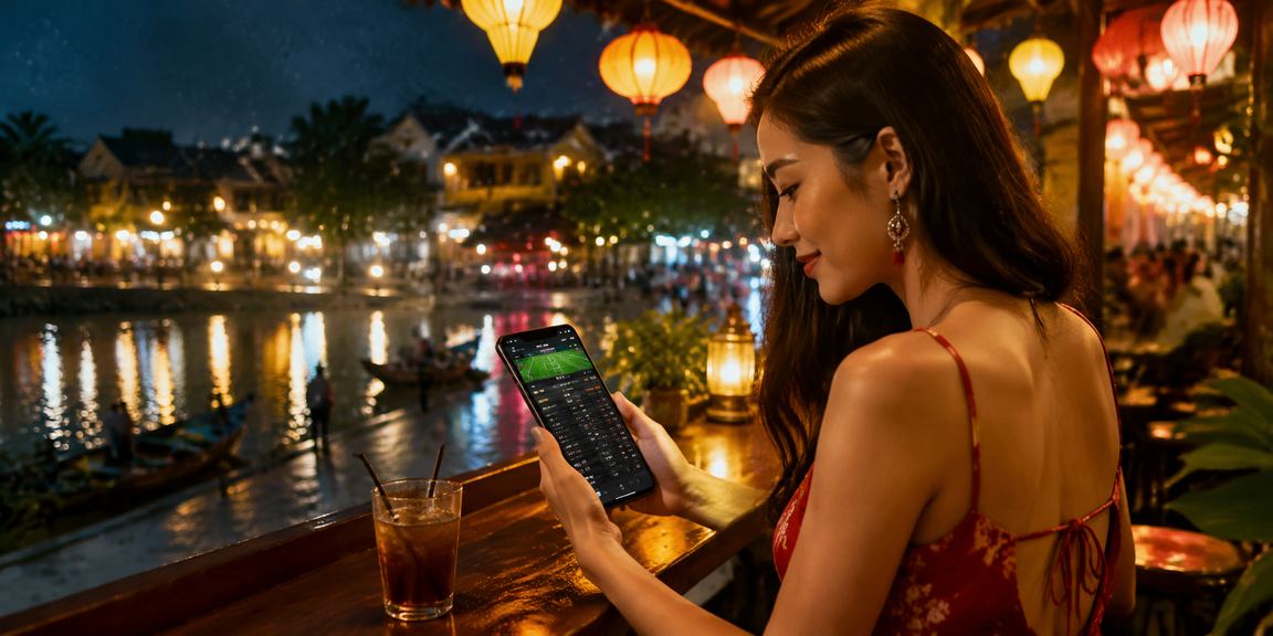 Người dùng tại Hội An ngồi quán cà phê đọc điều khoản sử dụng dịch vụ cá cược trực tuyến